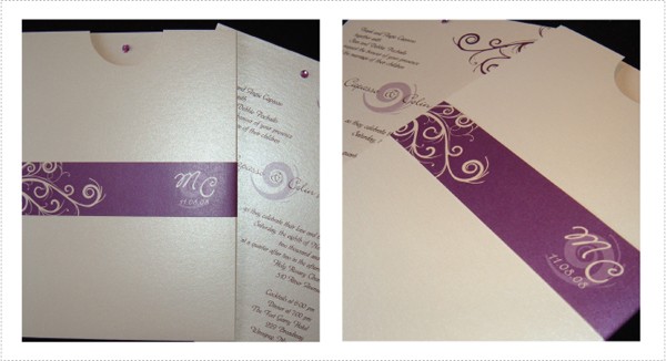 A luxurious invitation with swirl graphics in deep plum purple printed on