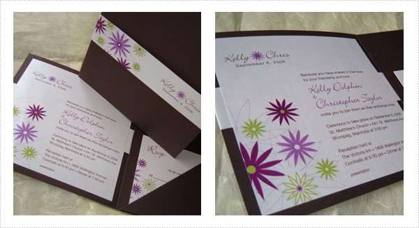 Square pocketfold invitation features modern flower graphics in purple and 
